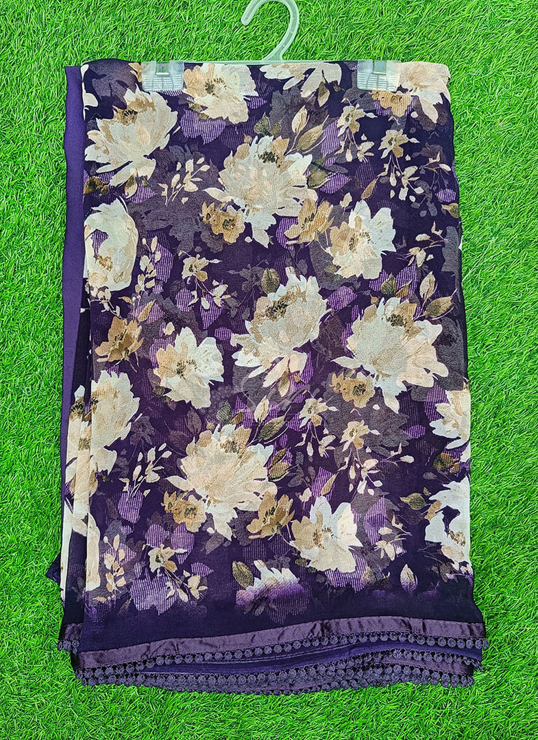 Printed Georgette Saree in Small Fancy Crochet Lace