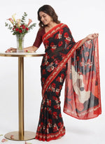Load image into Gallery viewer, Latest Beautiful Digital Print Black and Red Georgette Saree