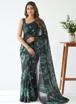 Load image into Gallery viewer, Trendy Floral Digital Print Georgette Saree in Fine Shimmer Stripes