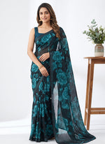 Load image into Gallery viewer, Trendy Floral Digital Print Georgette Saree in Fine Shimmer Stripes