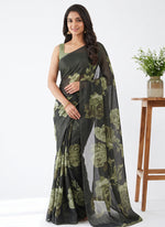 Load image into Gallery viewer, Trendy Floral Digital Print Georgette Saree in Fine Shimmer Stripes