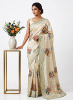 Load image into Gallery viewer, Designer Digital Print Semi Tussar Saree in Cutwork Borders
