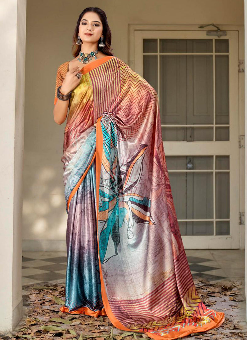 Lovely Digital Print Satin Saree