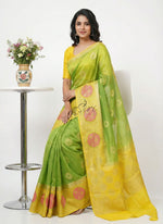 Load image into Gallery viewer, Designer Green Yellow Banarasi Linen Saree