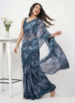 Load image into Gallery viewer, Beautiful Floral Printed Satin Chiffon Saree