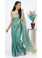 Load image into Gallery viewer, Latest Zari Checks Georgette Saree with Gold Colour Work Blouse