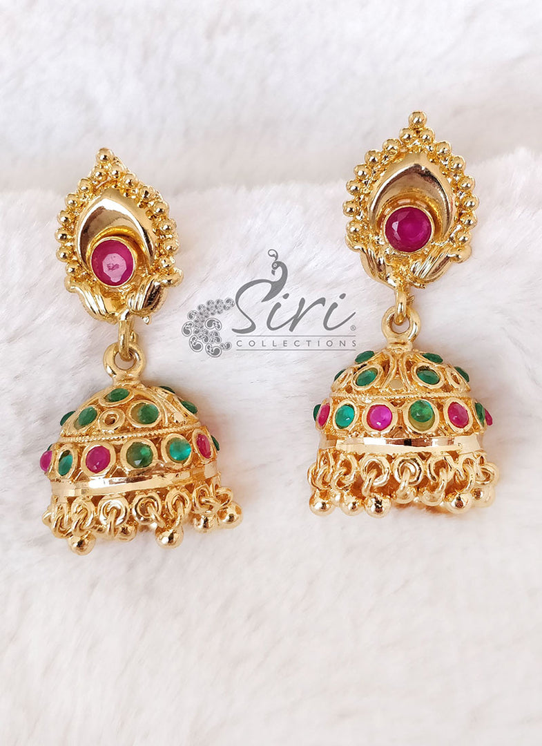 Beautiful Multi Stone Jhumkis in Gold Micro Polish