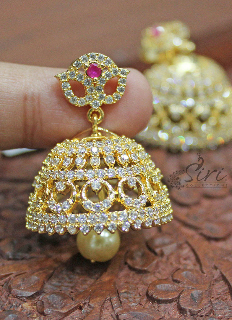 Traditional AD Stone Jhumkis with Pearl Drop