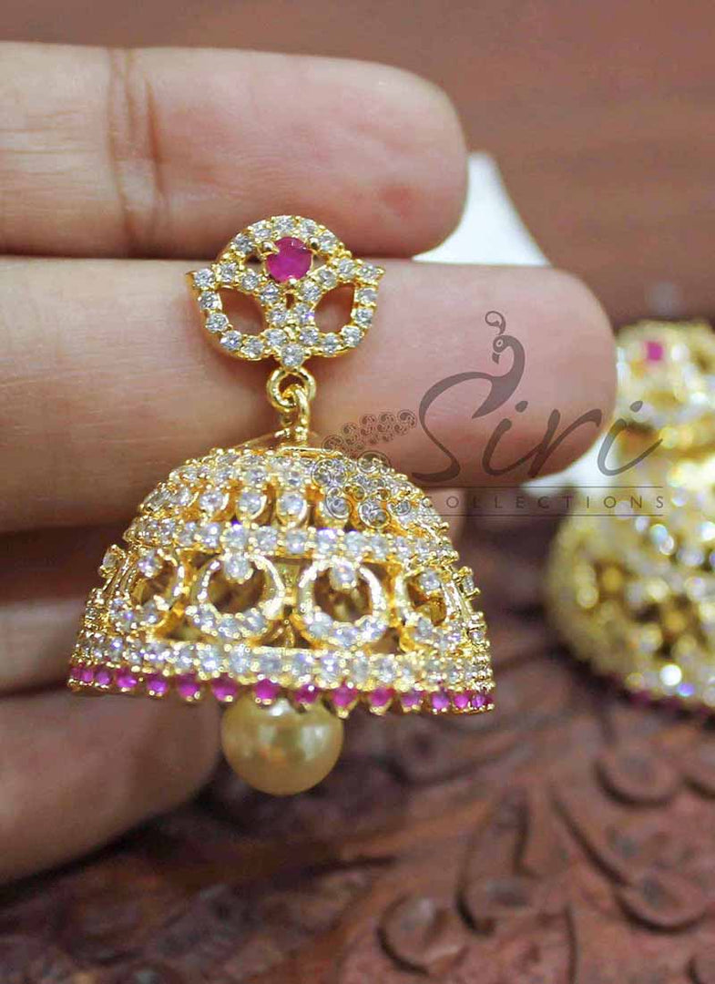 Traditional AD Stone Jhumkis with Pearl Drop