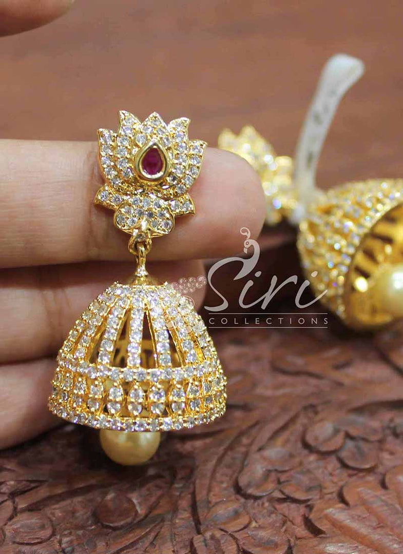 Beautiful Lotus Design Jhumkis with Pearl Drop