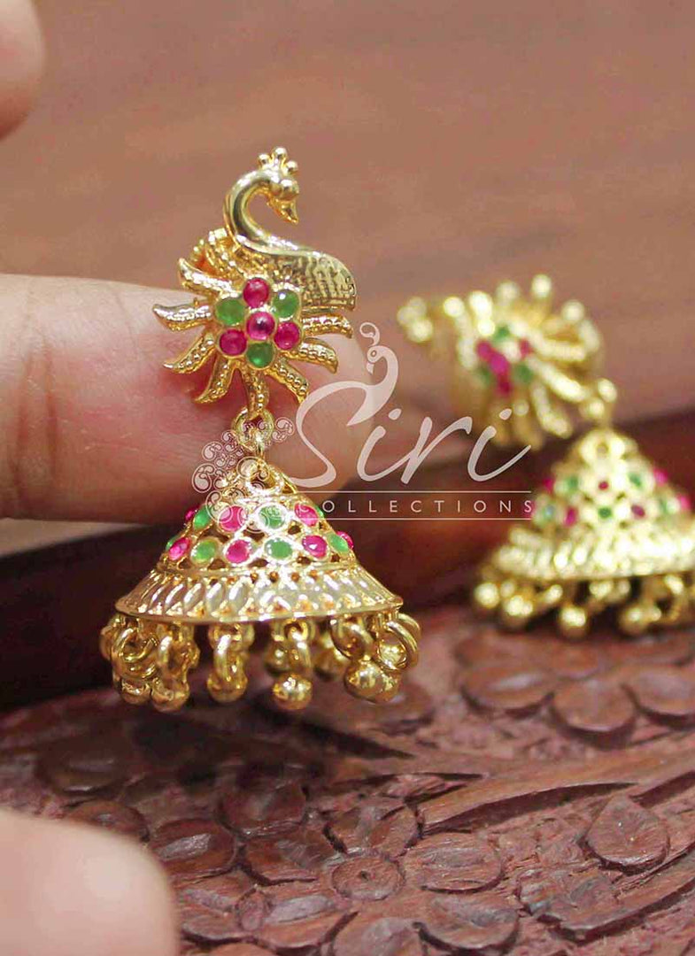 Peacock Design Multi AD Stone Jhumkis