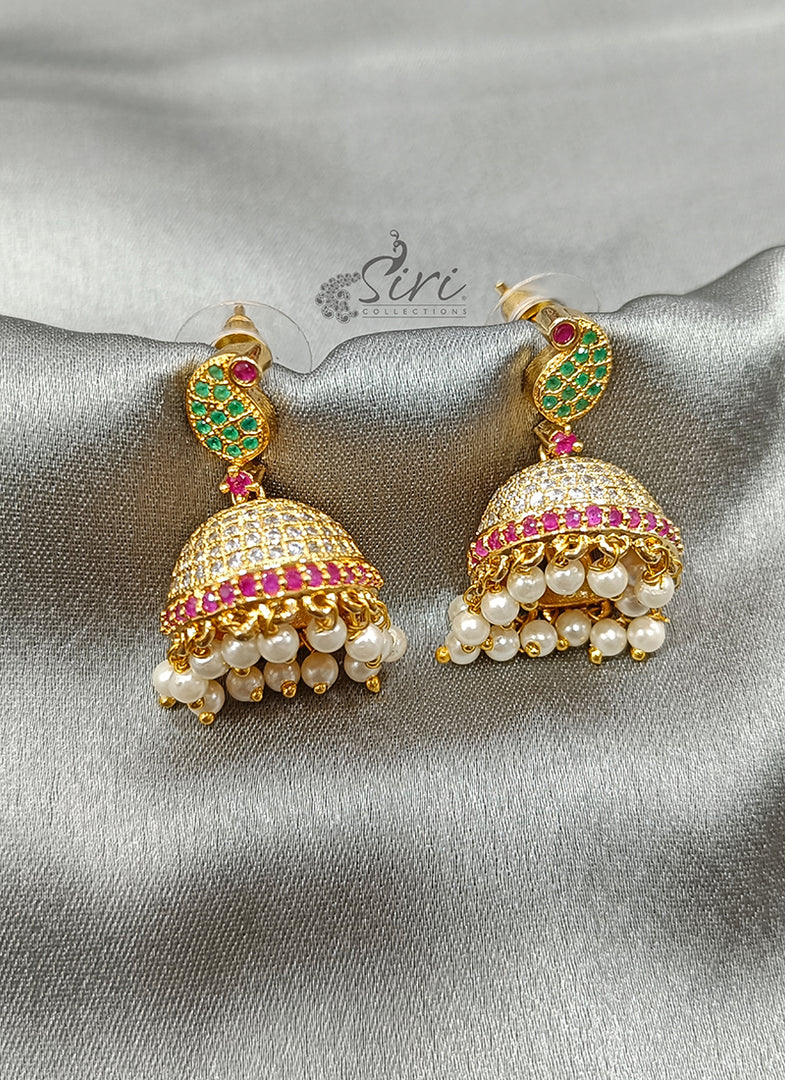 Lovely CZ Earrings Jhumkas in Pearl Drops