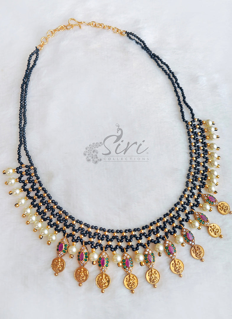 Beautiful Handmade Necklace Black Spinel Beads and Lakshmi Kasu