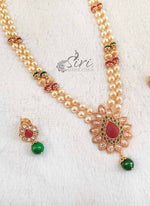 Load image into Gallery viewer, Two Line Pearl Necklace In Polki Pendant And Earrings