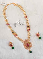 Load image into Gallery viewer, Two Line Pearl Necklace In Polki Pendant And Earrings