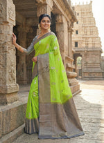 Load image into Gallery viewer, Pure Handloom Banarasi Kora Silk Saree with Rich Zari Butis & Contrast Border