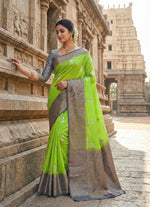 Load image into Gallery viewer, Pure Handloom Banarasi Kora Silk Saree with Rich Zari Butis & Contrast Border