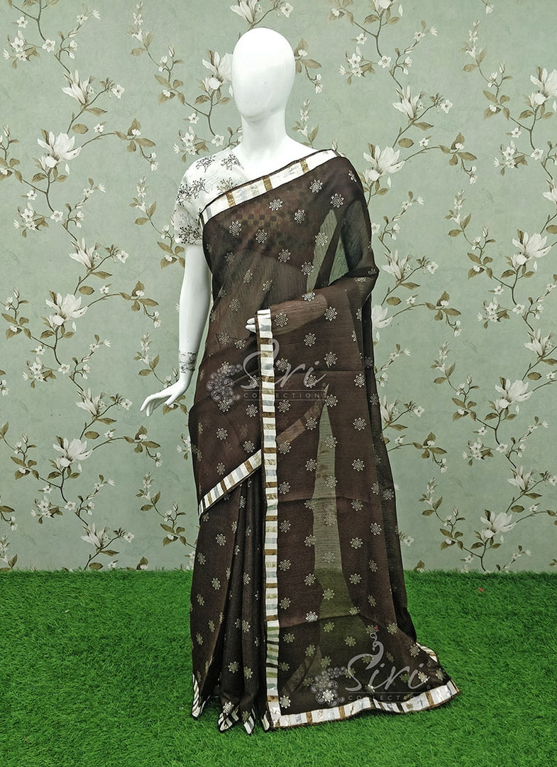 Beautiful Coffee Brown Jute saree with Foil Print