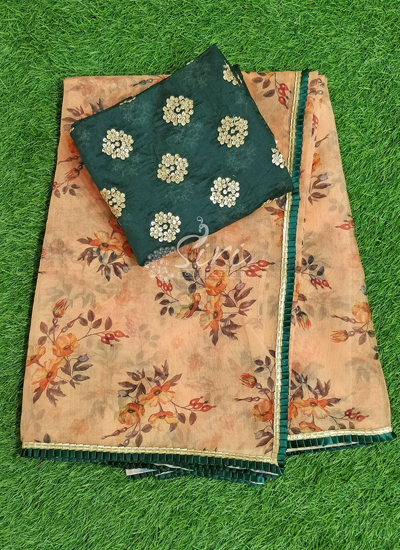 Lovely Floral Print Organza Saree in Frill
