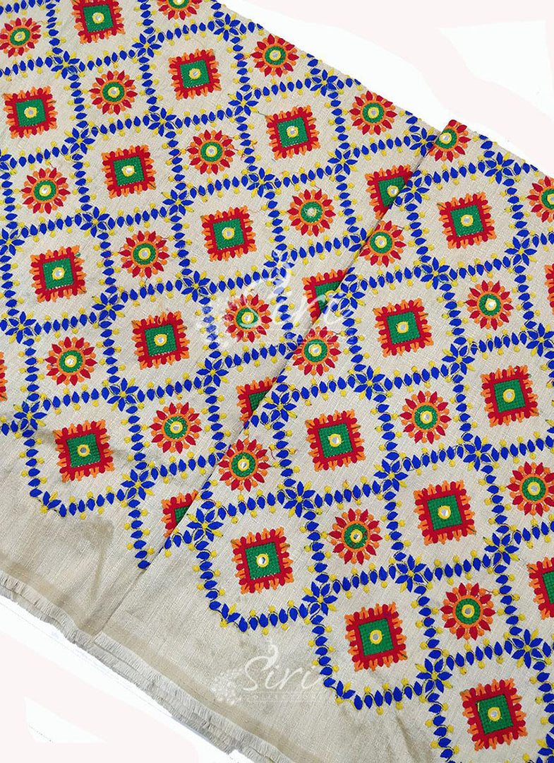 Off White Raw Silk Fabric in Multi Colour Embroidery Work