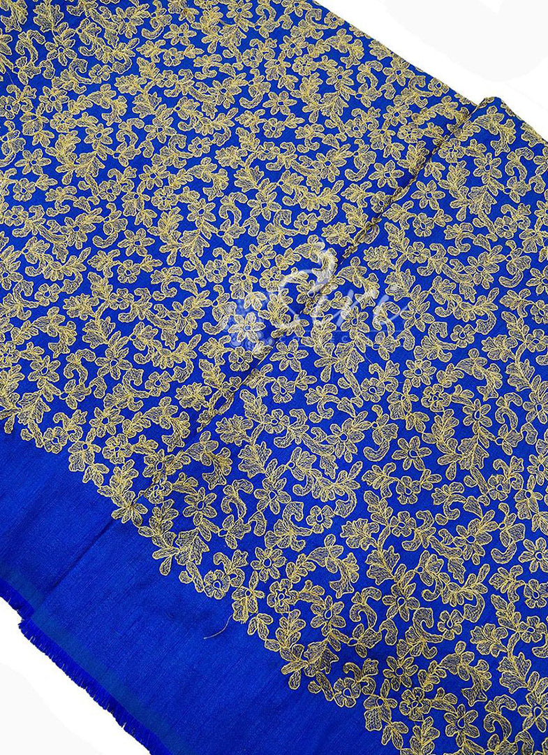 Blue Raw Silk Fabric in Heavy Gold Embroidery Work