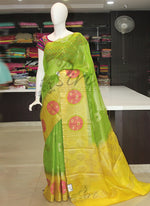 Load image into Gallery viewer, Designer Green Yellow Banarasi Linen Saree