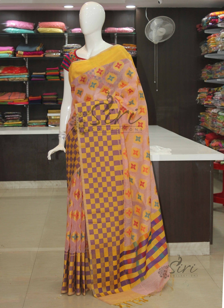 Pastel Shades Banarasi Linen Silk Saree Checks Border