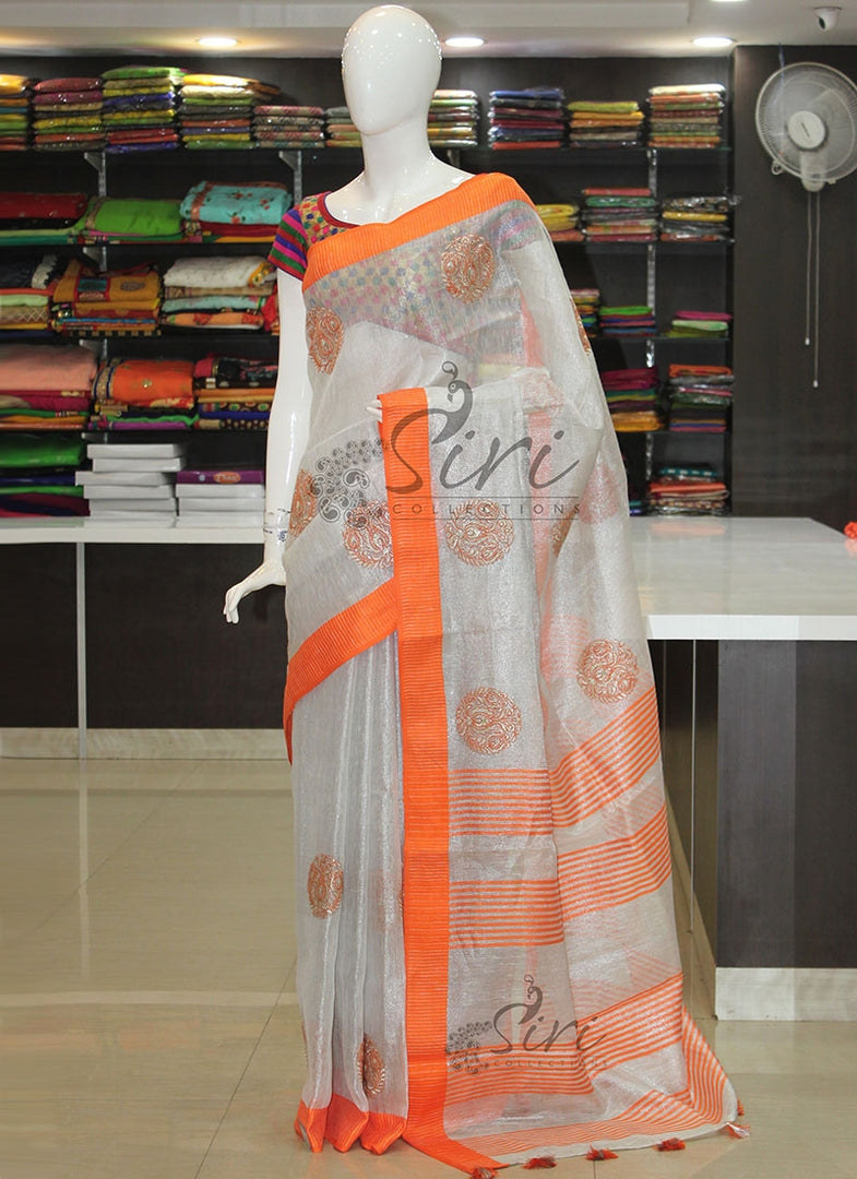 Designer Silver Pure Linen Tissue Saree