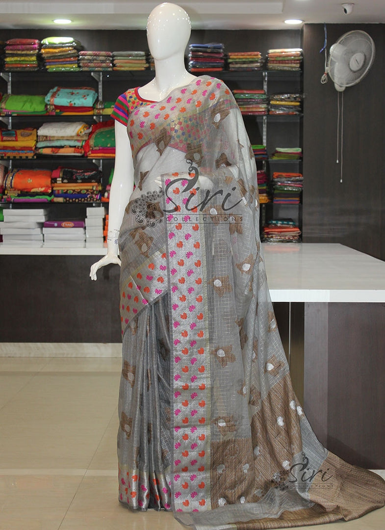 Grey Silver Soft Kora Saree in Jute Butis and Pallu