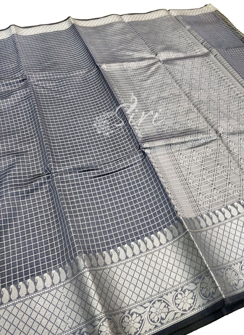 Grey Cotton Silk Saree in Silver Zari