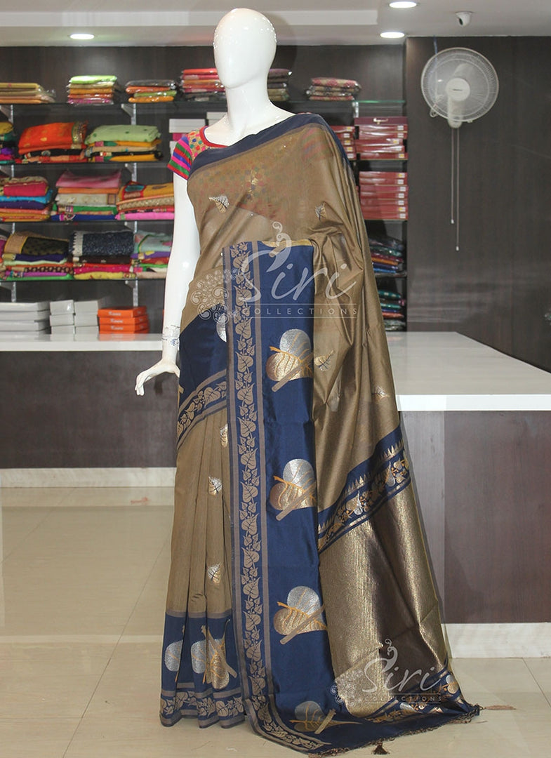 Beautiful Brown Navy Blue Cotton Silk Saree