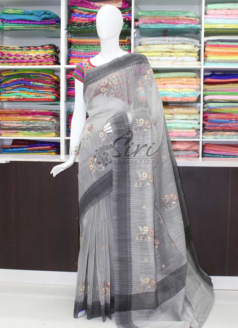 Elegant Grey Saree in Self Borders and Embroidery Work