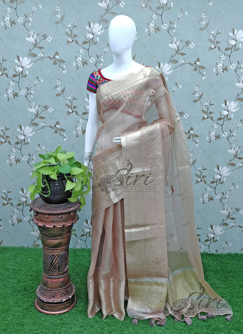 Beautiful Tissue Kota Saree in gold with Hand Work Buti
