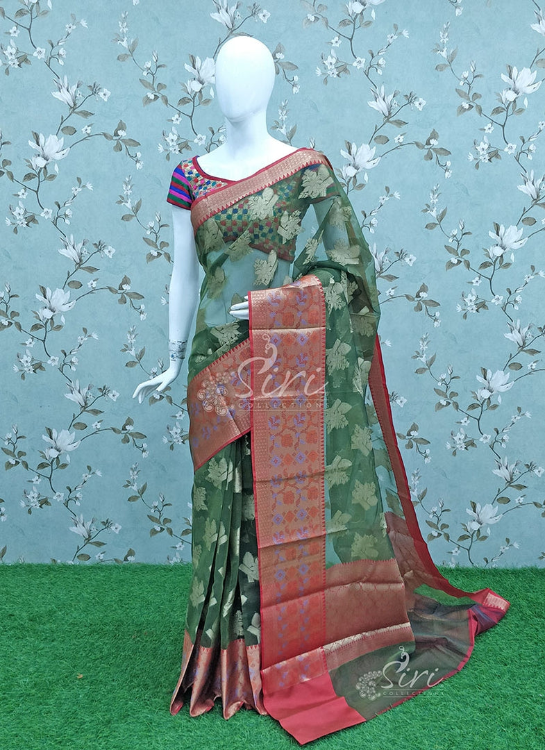 Beautiful Kora Cotton Saree with Red Gold Border