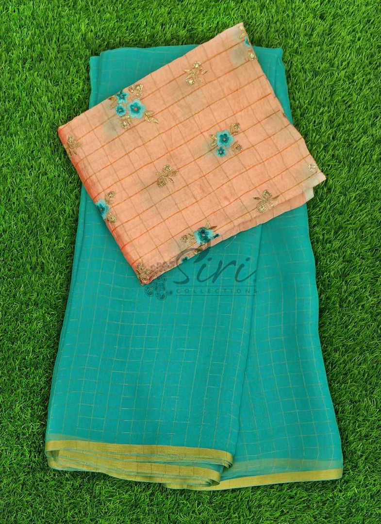 Cyan Blue Chiffon Saree In Zari Checks