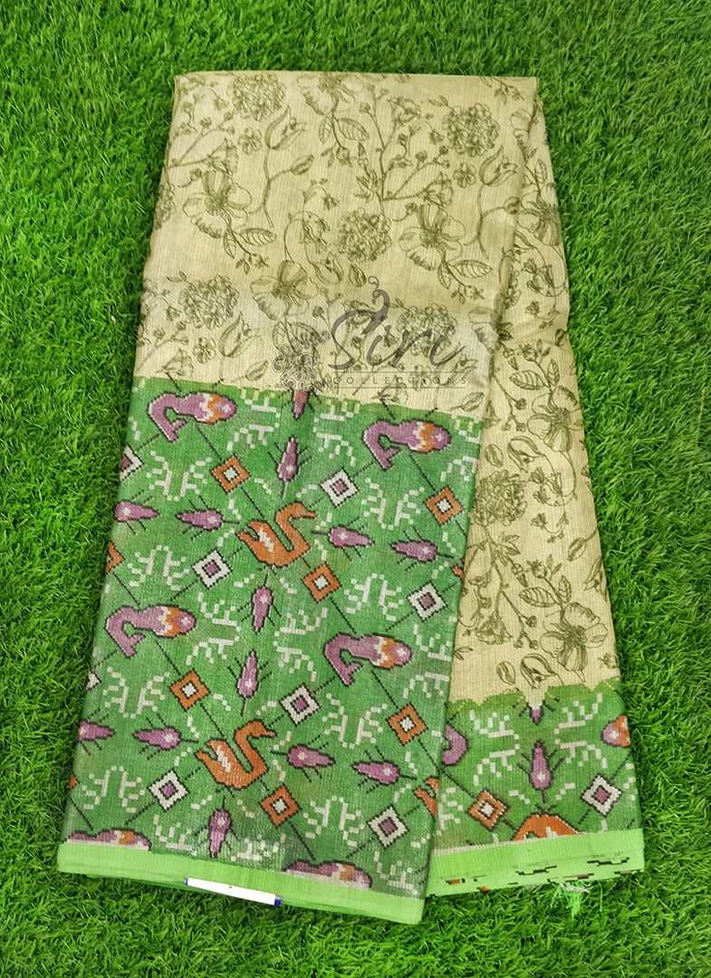 Ikat Print on Fancy Gold Green Tissue Saree