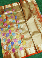 Load image into Gallery viewer, Beautiful Orange Tissue Pure Handloom Kanchi Pattu Saree in Multi colour Weave
