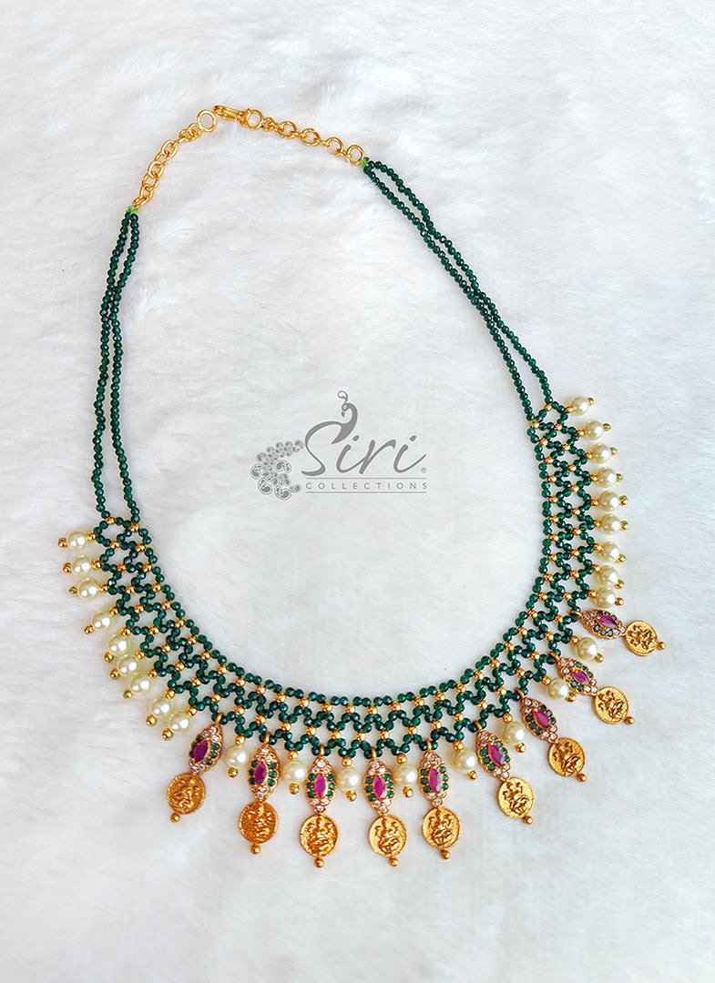 Beautiful Handmade Necklace Green Spinels And Lakshmi Kasu