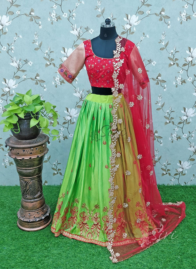 Beautiful Red Green Lehenga With Cutwork Dupatta