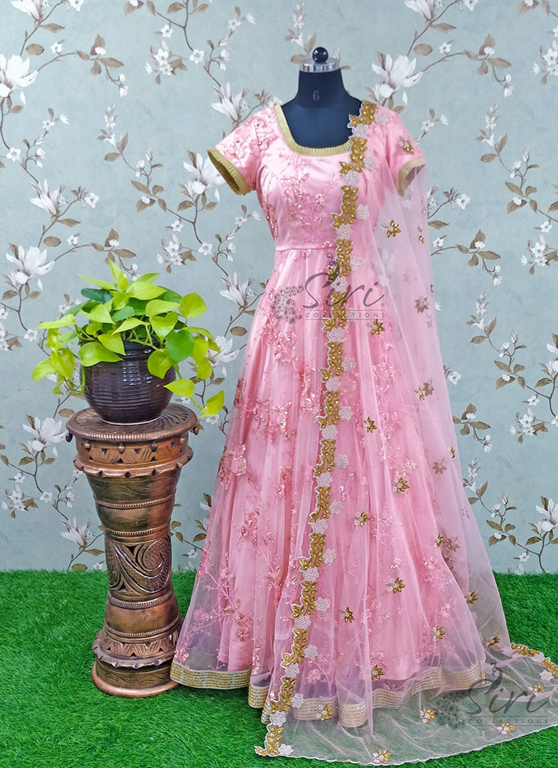 Pretty Peach Long Frock With Cut Work Dupatta