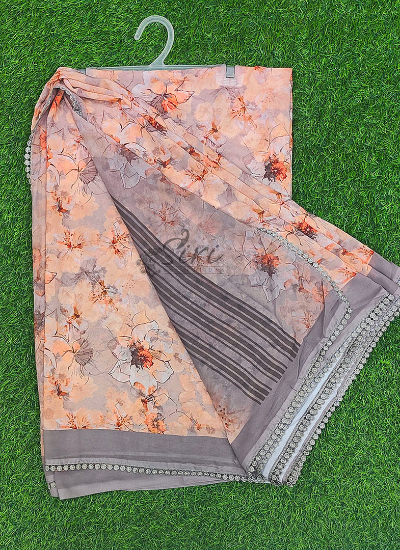 Digital Print Floral Georgette Saree with Crochet Lace