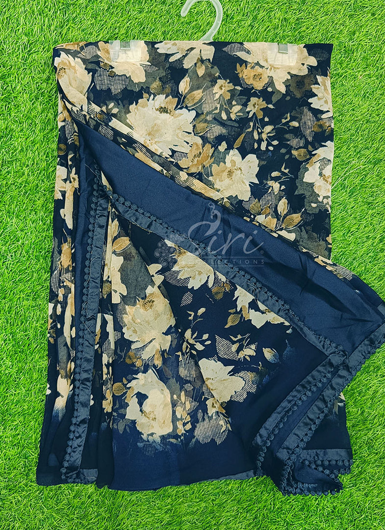 Printed Georgette Saree in Small Fancy Crochet Lace