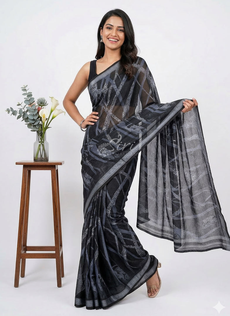 Trendy Digital Print Georgette Saree in Fine Shimmer Stipes