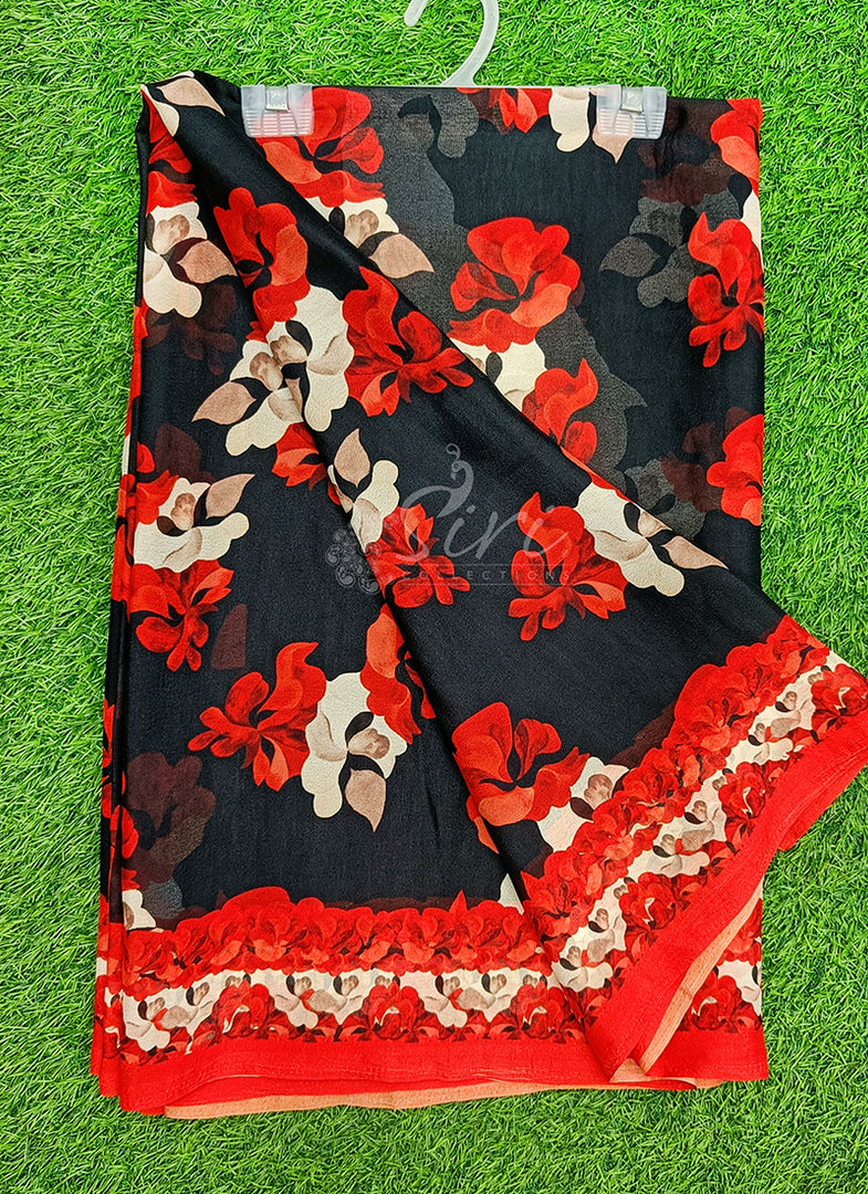 Latest Beautiful Digital Print Black and Red Georgette Saree