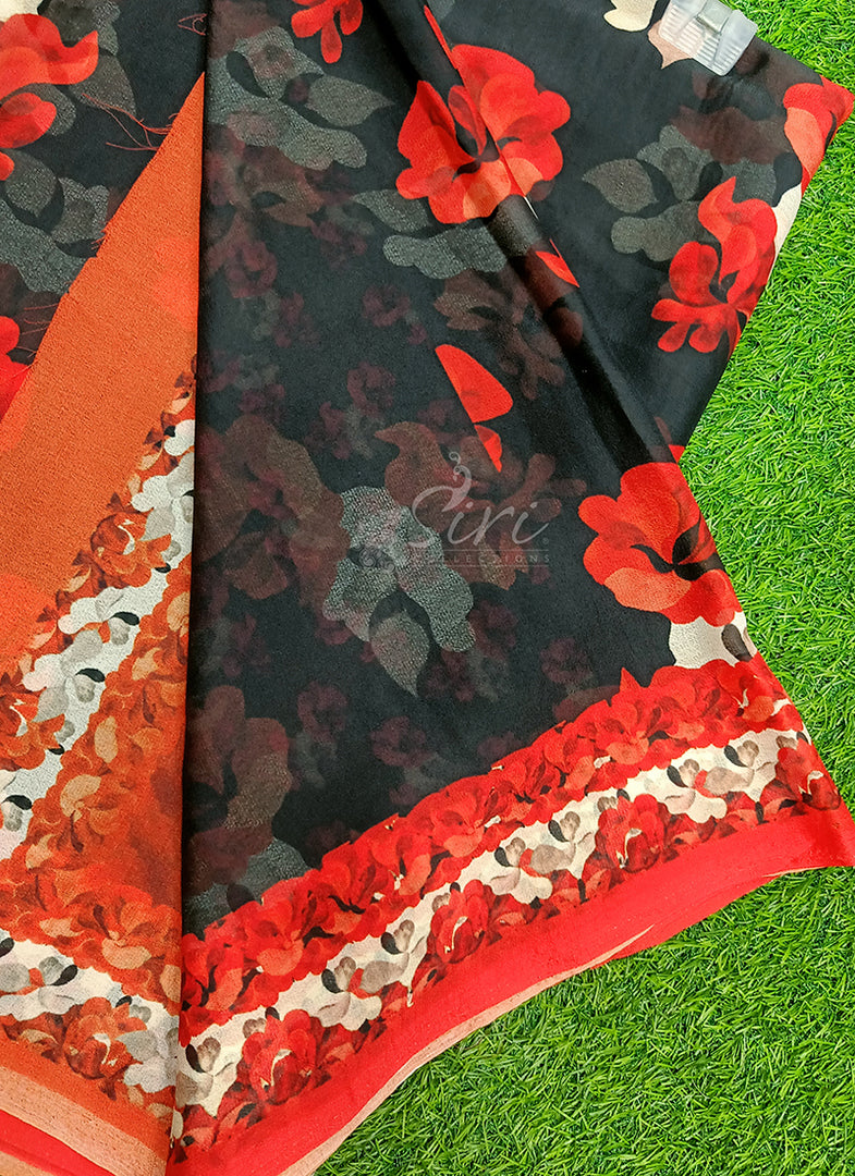 Latest Beautiful Digital Print Black and Red Georgette Saree