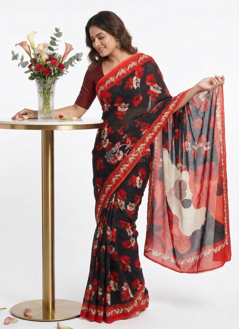 Latest Beautiful Digital Print Black and Red Georgette Saree