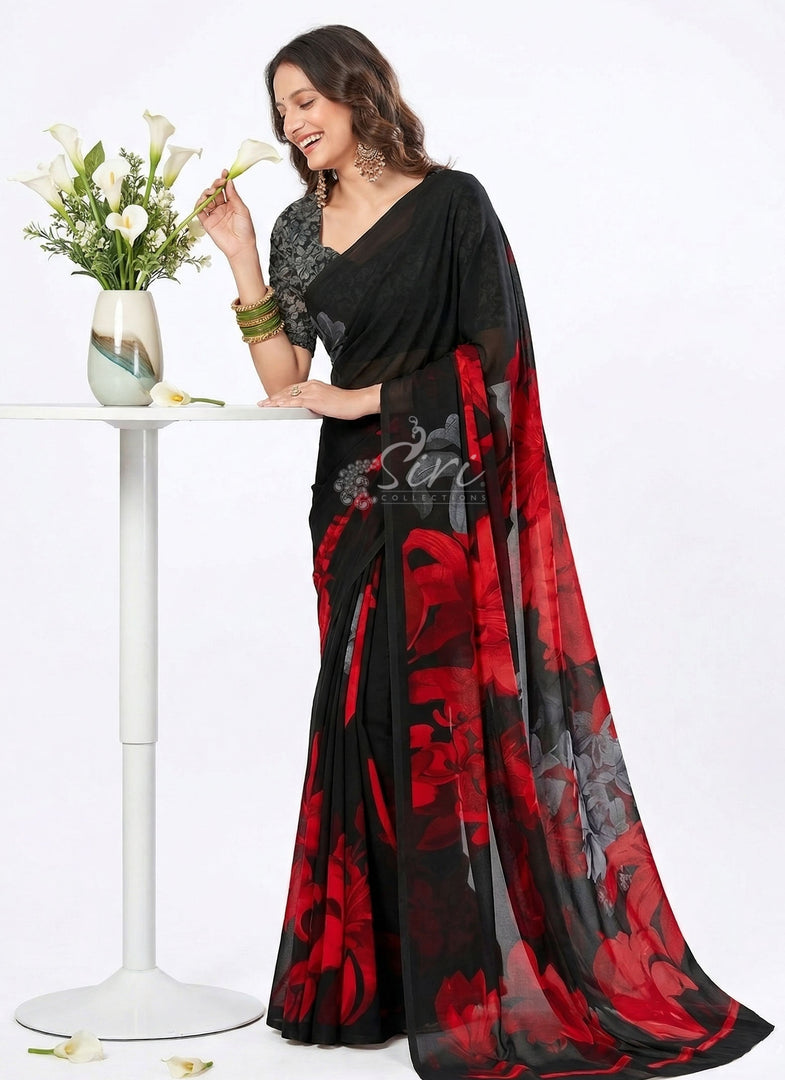 Latest Beautiful Digital Print Black and Red Georgette Saree