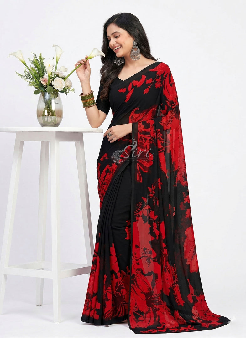 Latest Beautiful Digital Print Black and Red Georgette Saree