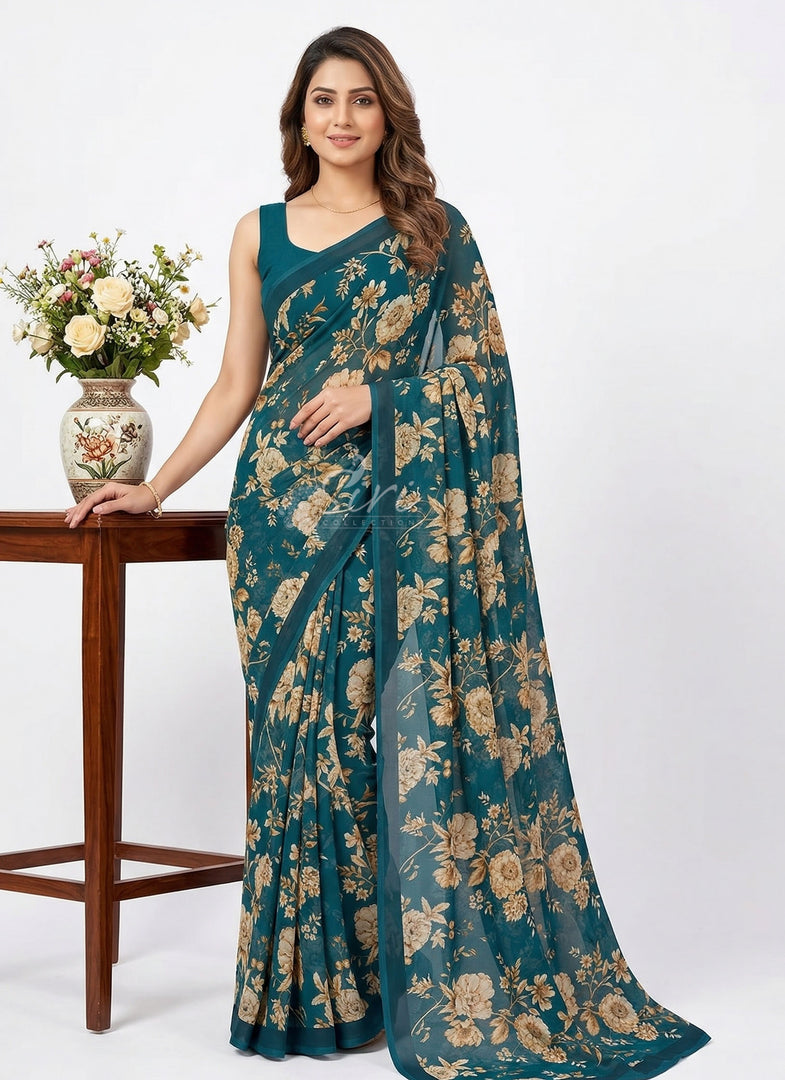 Latest Beautiful Digital Print Floral Georgette Saree