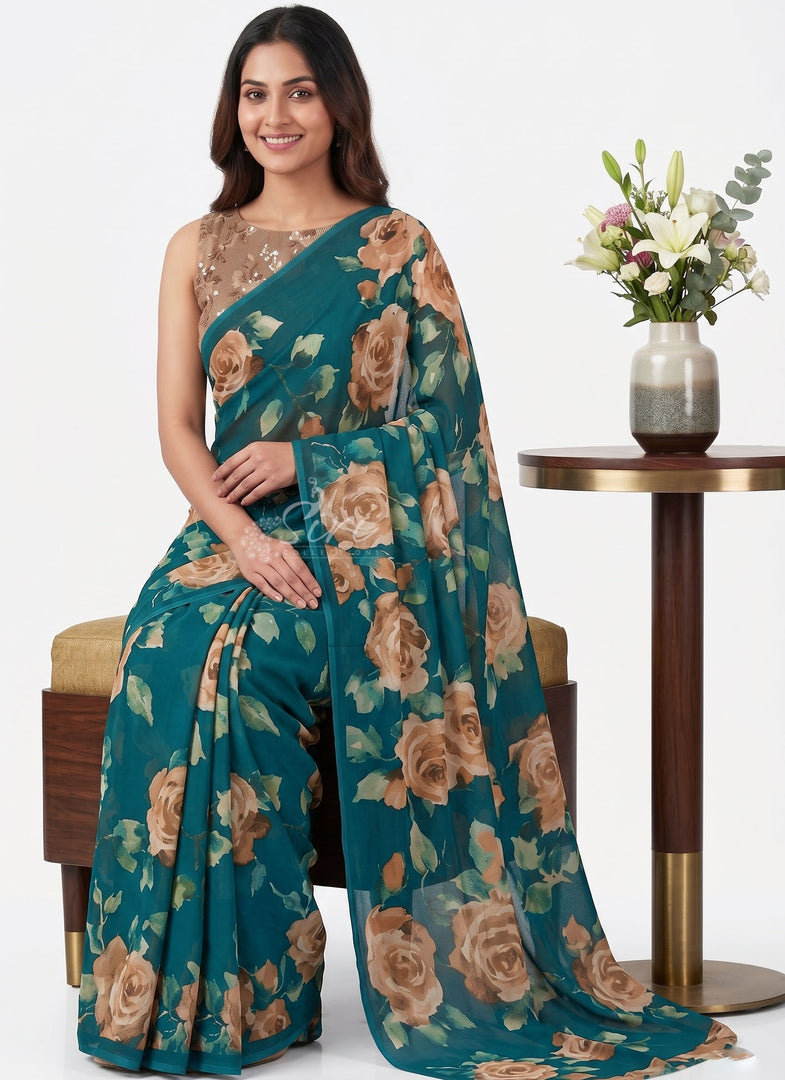 Latest Premium Digital Print Floral Georgette Saree with Blouse